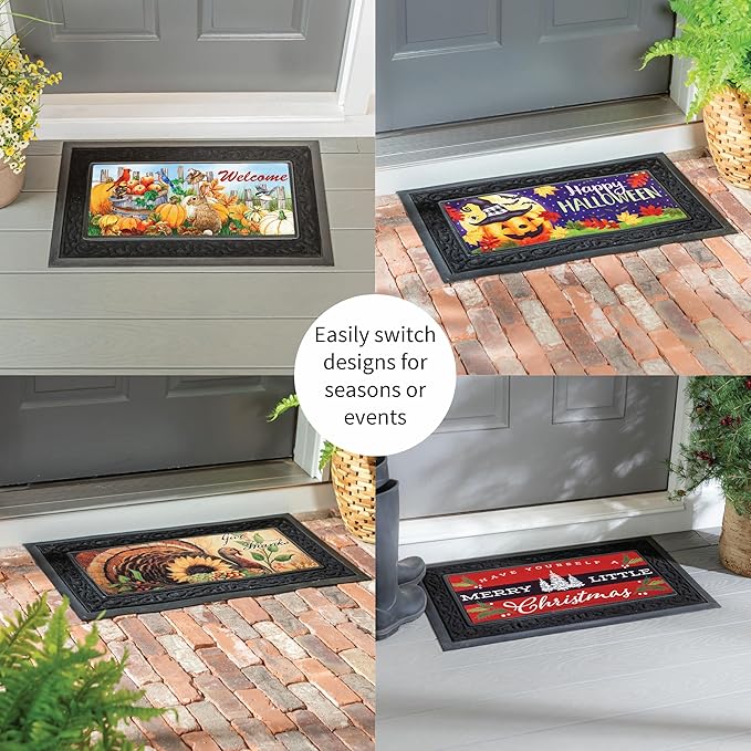 Evergreen Sassafras Fall Christmas Holiday Doormat Insert Bundle & Tray Set of 5, Interchangeable Entrance Door mats Indoor and Outdoor Welcome Mat 30 x 18 Tray Non Slip Backing Low Profile