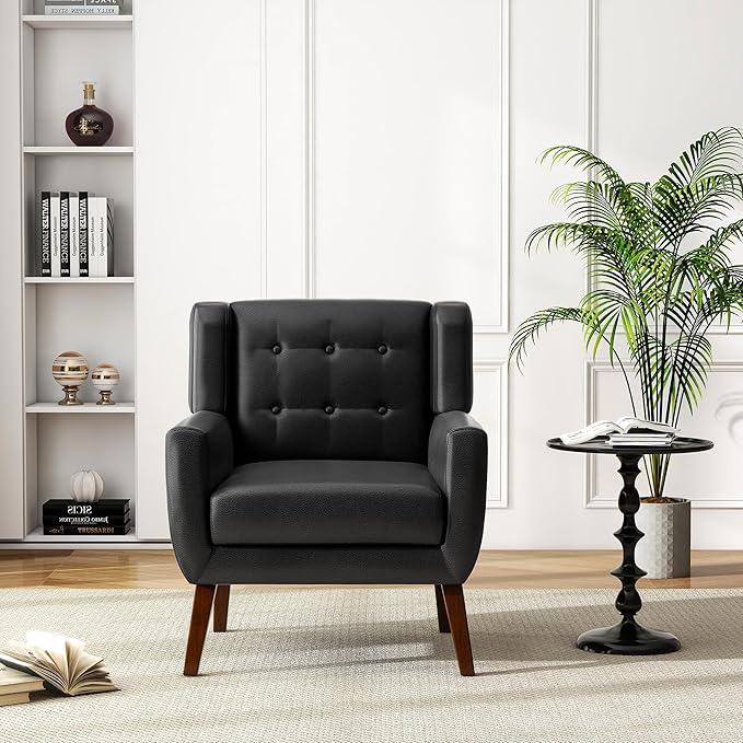 UIXE PU Leather Accent Chairs Set of 2, Modern Arm Club Chair Upholstered Armchair for Living Room, Comfy Single Sofa Seats Button Tufted Reading Seating, Black
