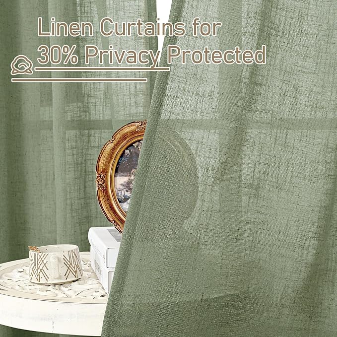 LAMIT Sage Green Linen Curtains for Living Room, 78 inch Length, Light Filtering Semi Sheer Panels with Back Tab and Rod Pocket, Christmas Panels for Bedroom/Sliding Glass Door, 52 x 78 Inch