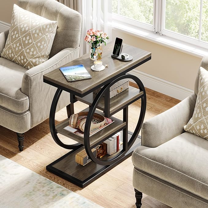 Tribesigns End Table for Living Room, 4-Tier Narrow Side Table with Storage Shelves, Industrial Bedside Table for Bedroom, Wood Small Sofa Side Table with Geometric Metal Frame (1 PC, Grey)