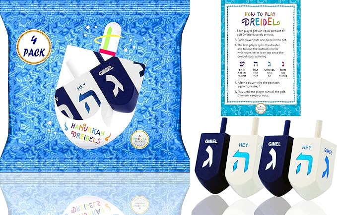 Hanukkah Dreidel Extra Large Blue & White 3" Inch Wooden Dreidels Hand Painted, Includes Game Instruction Cards (4-Pack XL)