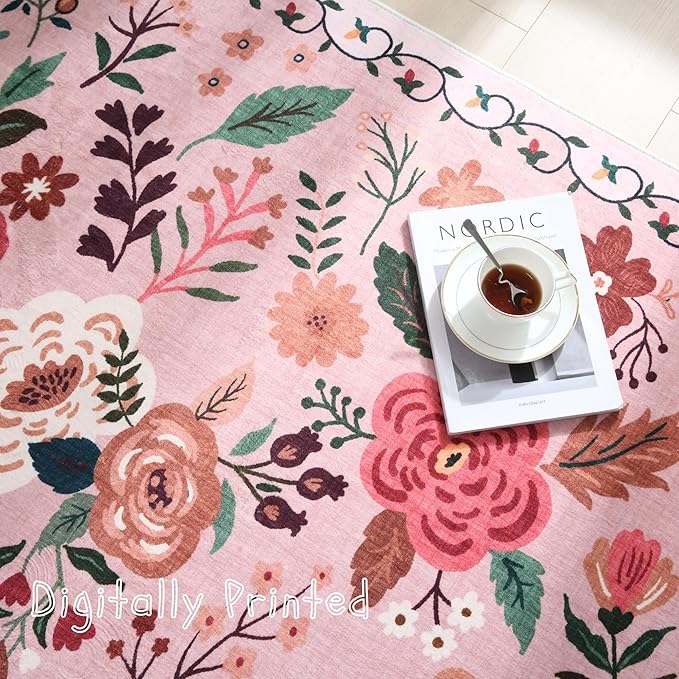 Rugcomf Area Rug 4x6 Rug Washable Boho Rugs Non Slip Low Pile Floral Small Carpet for Bedroom, Bedside, Kids Room, Office, Dining Room(Pink)