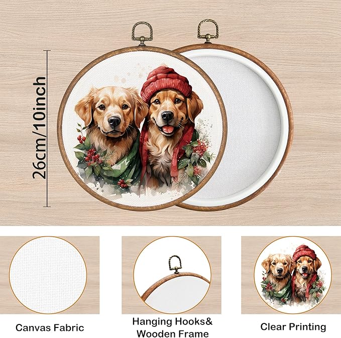 KSDUT Dog Christmas Wall Decor Art - Cute Golden Retriever Wall Art Canvas Frame Hanging Prints, Dog Puppy Xmas Holiday Round Wall Art Decor for Home Bedroom Decorations 10"x10"