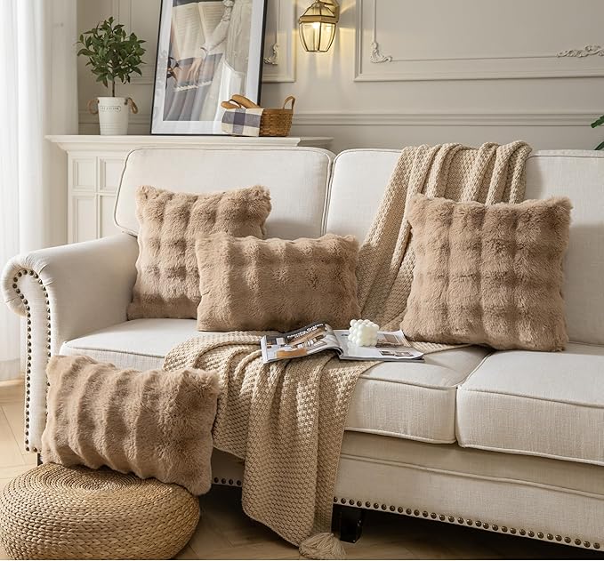 Pack of 2 Thick Plush Throw Pillow Covers Fluffy Wave Faux Fur Decorative Cushion Covers Soft Wool Pillowcase for Sofa Couch Livingroom 12x20 Inch Camel