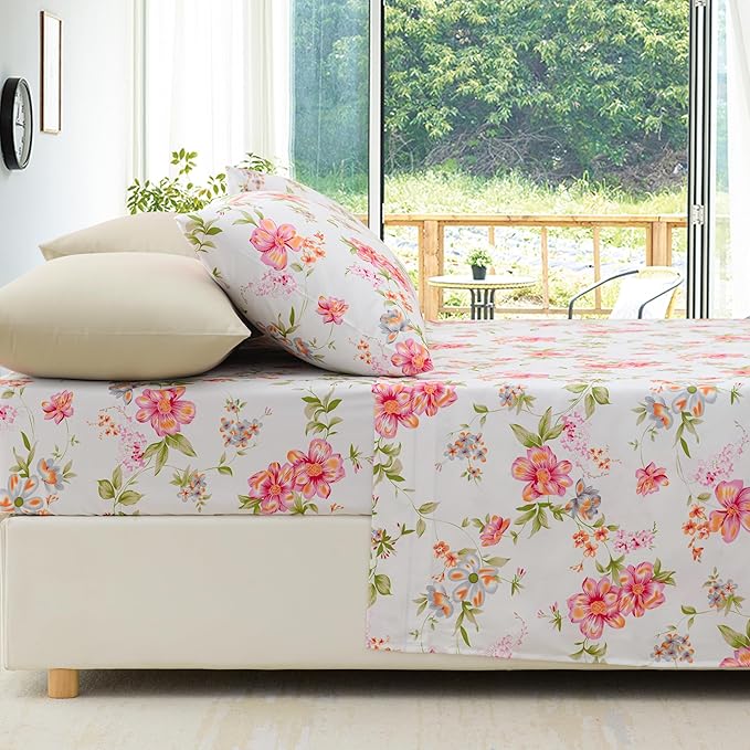 King Size Bed Sheets Set Deep Pockets - 6PC Floral Ultra Soft Microfiber Bed Sheets - Easy to Clean, 90 Thread Count Sheets with Fitted Sheet, Flat Sheet & Pillowcases (Pink/Green Floral)