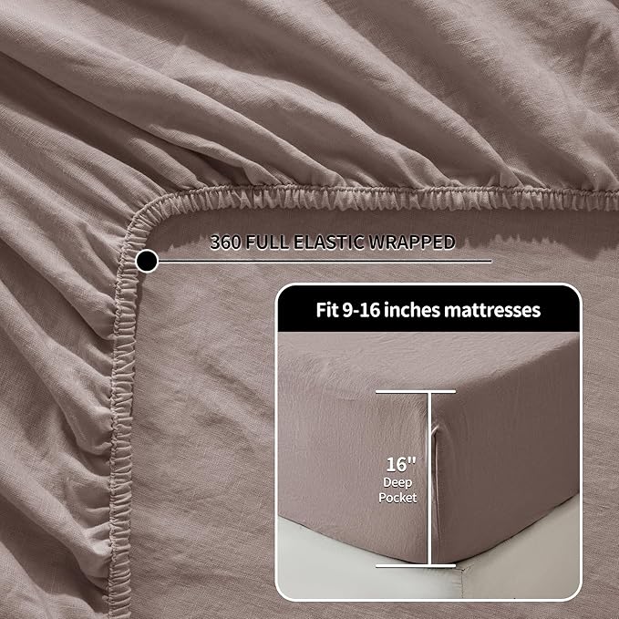 LBRO2M 100% Linen Sheet Set 16" Deep Pocket Full Size,Bed Sheets 4 Piece Sets,Solid Color Natural Flax Bed Sheets Soft Breathable Bedding, All Season (Full, Mauve Desert)