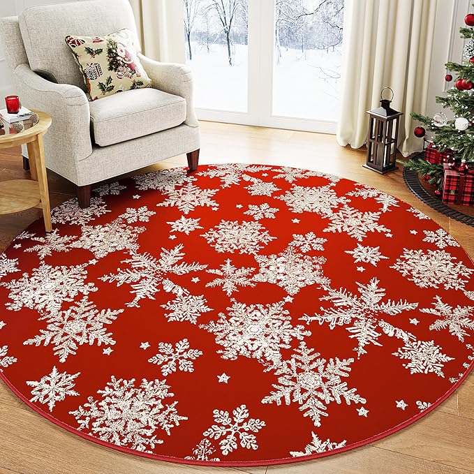 Round Christmas Area Rug 6ft Red Washable Entryway Carpet 6x6 Snowflake Circle Rug Indoor Kitchen Door Large Mat Xmas Holiday Decor Living Room Dining Room Bedroom