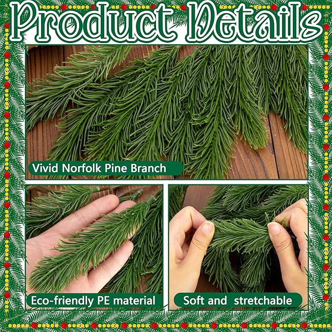 2 Pcs Dense Christmas Norfolk Pine Garland, 6 Ft Single Fork Norfolk Pine Realistic Touch Garland Ornament, Artificial Pines Greenery Garlands for Christmas Holiday Mantle Fireplace Table Home Decor