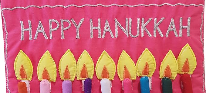 Jewish Happy Hanukkah Menorah Wall Hanging by Pockets of Learning | Brit Bat Gift, Festive Hebrew Holiday Décor, Judaica Fabric Advent Calendar | Chanukah Cloth Countdown with Candles and Pouch Pink