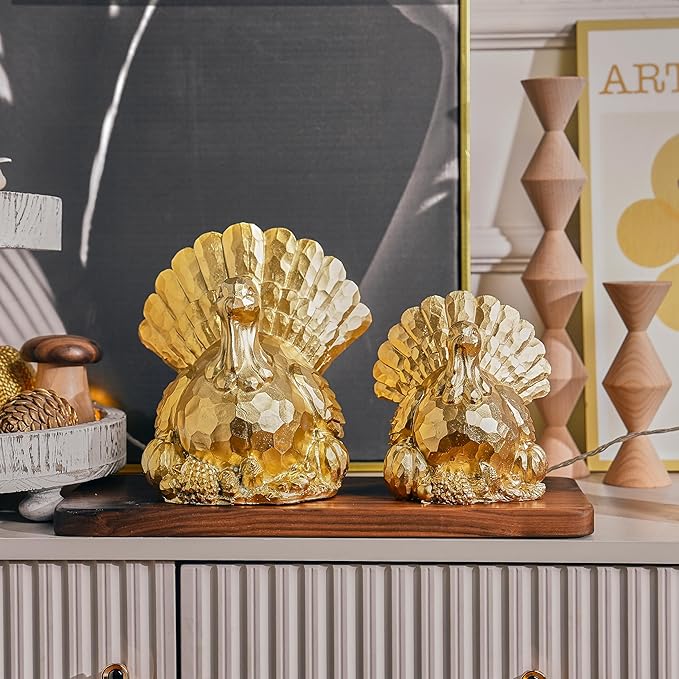 Thanksgiving Turkeys Decor, Gold Resin Turkey Figurine, Small Turkeys Statue for Decorating, Turkey Centerpiece for Table Kitchen Decoration, Harvest Home Decor