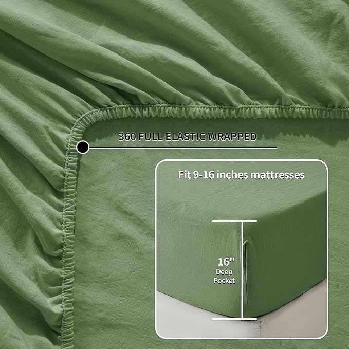 LBRO2M 100% Linen Sheet Set California King Size,Bed Sheets 4 Piece Sets,Solid Color Natural Flax Bed Sheets Soft Breathable Bedding,16" Deep Pocket,All Season (Clifornia King, Green)