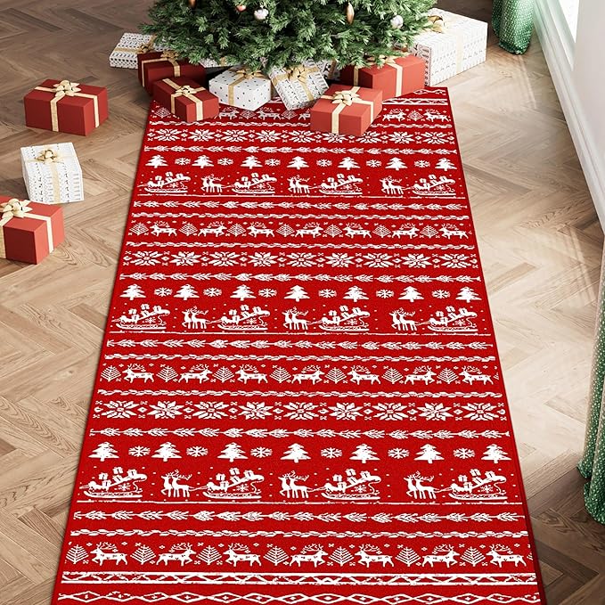 Christmas Runner Rug 2x8 Red Xmas Snowflake Washable Carpet Holiday Decor Kitchen Non Slip Soft Low Pile Long Carpet Throw Rug Laundry Room Living Room Bedroom Dining Room
