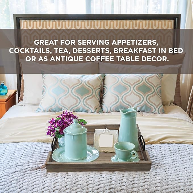 3 Piece Decorative Nested Vintage Wood Serving Tray Set for Coffee Table or Ottoman – Rustic Wooden Breakfast Trays for Kitchen, Dining Room, or Living Room – Farmhouse Platter w/Handles - Barnwood