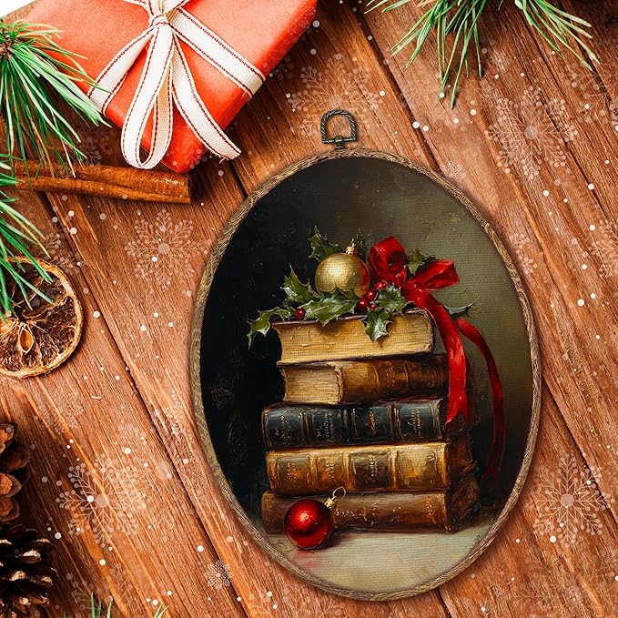 Hxlac Dark Academia Christmas Book Oval Wall Art Framed, Vintage Winter Christmas Oval Wall Decor, Cottagecore Bookish Hanging Canvas Prints Wall Sculptures for Home Reading Room Decor, 8.5x11.5 Inch