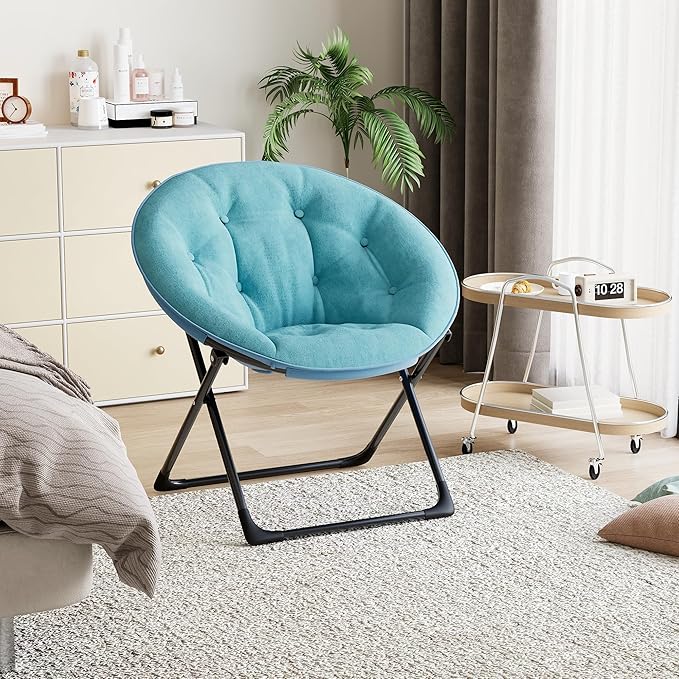 Saucer Chair with Faux Fur Cover, Large Foldable Moon Chair for Adults & Teens, Cozy Circle Accent Chair for Bedroom, Living Room, Dorm, Playroom, Soft Folding Gaming Chair for Small Spaces, Green