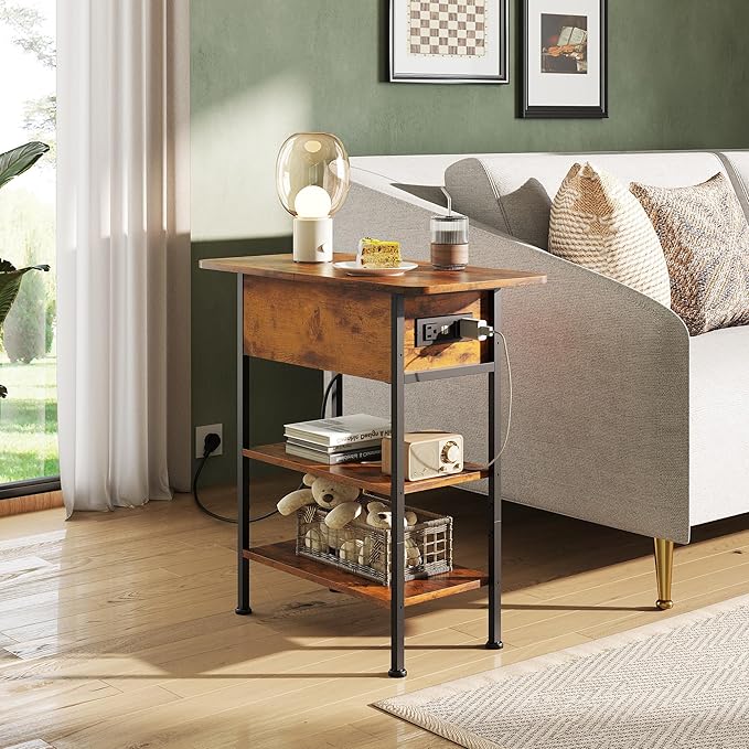 WLIVE End Table with Charging Station, Flip Top Side Table with Storage Shelf, Sofa Couch Table with USB Ports and Outlets, Narrow Bedside Table for Living Room, Bedroom ,11.81"D x 23.62"W x 24.33"H