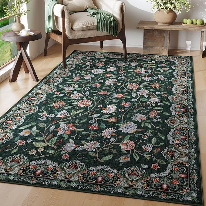 Rugcomf Vintage Paisley 3'x5' Area Rug - Machine Washable, Non-Slip Low Pile Small Floral Carpet for Bedroom, Bedside, Kitchen, Entryway, Kids/Girls Room, Office - Green