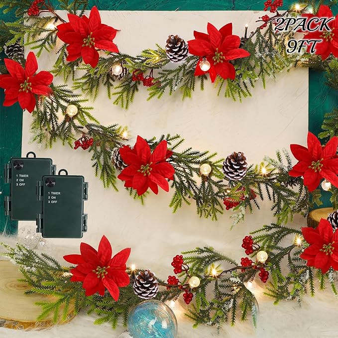 Juegoal 2 Pack Christmas Garland, 9' Pre-lit Artificial Xmas Flocked Garlands, Lighted Poinsettia Spruce Timer & Battery Operated with Lights, Garden Home Winter New Year decor, Geen, Red (YO-TTSZ-2)