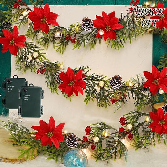 Juegoal 2 Pack Christmas Garland, 9' Pre-lit Artificial Xmas Flocked Garlands, Lighted Poinsettia Spruce Timer & Battery Operated with Lights, Garden Home Winter New Year decor, Geen, Red (YO-TTSZ-2)
