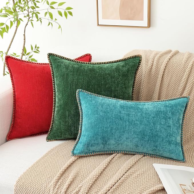 decorUhome Christmas Chenille Soft Throw Pillow Covers 22x22 Set of 2, Farmhouse Velvet Neutral Decorative Euro Pillow Covers with Stitched Edge for Couch Sofa Bed Home Decor, Green