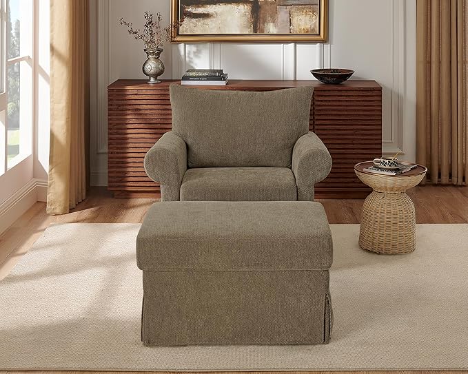 Modern Living Room Chairs with Ottoman, Comfy Chenille Reading Armchair with Rolled Arms and Cushion Backrest, 35.8"W Oversized Chaise Lounge Chair for Bedroom, Study, Apartment, Coffee Brown