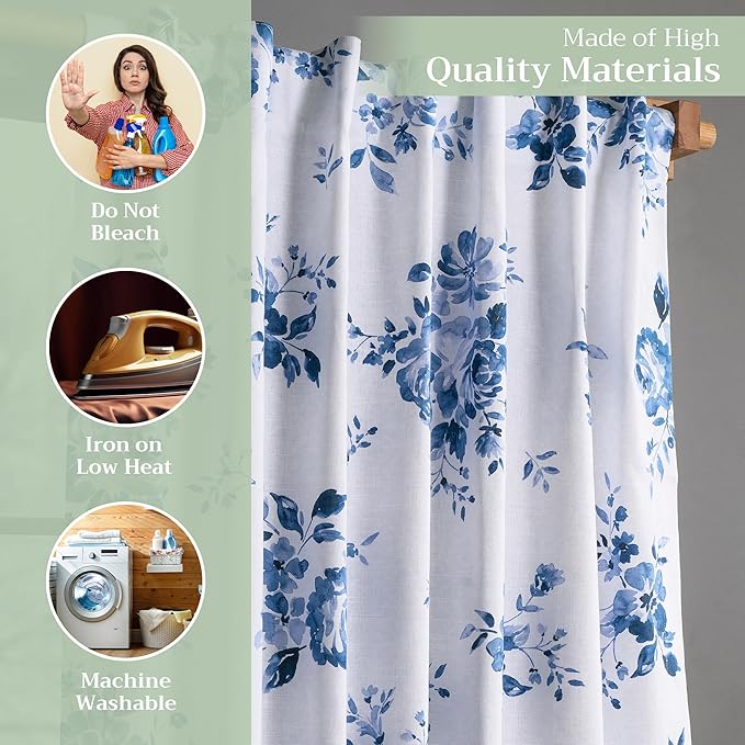 Maison d'Hermine Curtains for Living Room 100% Cotton 124 inch Length One Panel Window Curtains for Bedroom with Loop & Rod Pockets - Rose Garden - Blue, 50" W x 124" L
