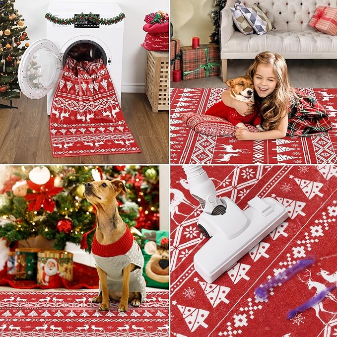 RUGSREAL 8x10 Christmas Area Rug Christmas Tree and Deer Pattern Boho Floor Cover Machine Washable Indoor Carpet Rug Decorative Non Slip Accent Rug for Kitchen Bathroom Living Room Bedroom