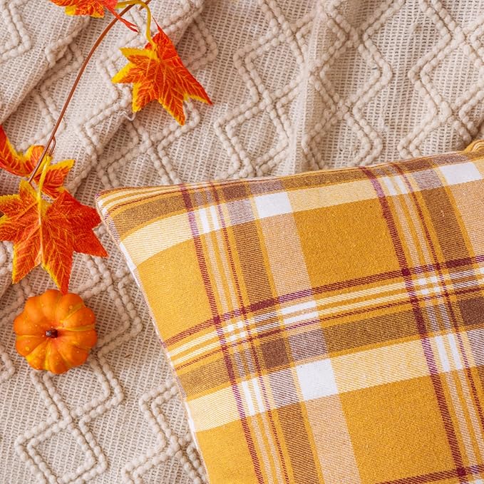 Fall Plaid Orange Brown Throw Pillow Covers 18x18 Inch, Set of 2 Autumn Decorative Throw Pillows for Couch Sofa Bed Living Room Home Decor, Accent Pillow Cases for Farmhouse Couch Cushion Covers