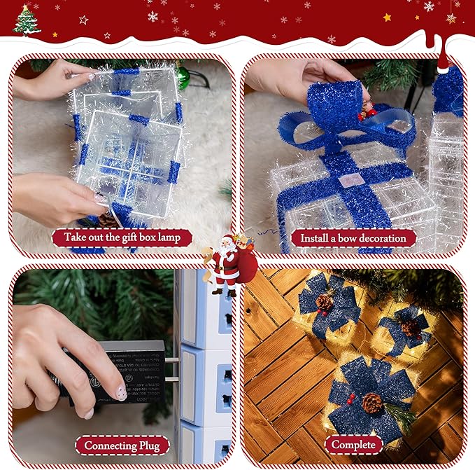 Christmas Decorations, Set of 3 Christmas Lighted Gift Boxes, Pre-lit 60 LED Light Up Present Boxes Warm White Xmas Ornaments for Indoor Outdoor Yard Lawn Home Decor (Blue Bow)