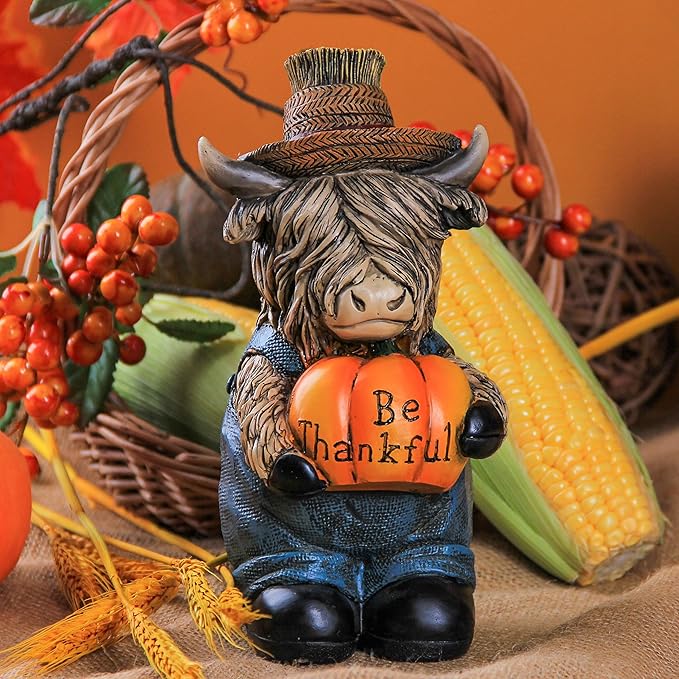 Highland Cow Statue Thanksgiving Harvest Autumn Decor Holding Pumpkin, Fall Autumn Figurine for Indoor Shelf Bookshelf Table Desk windowsill and Home Decor, Be Thankful
