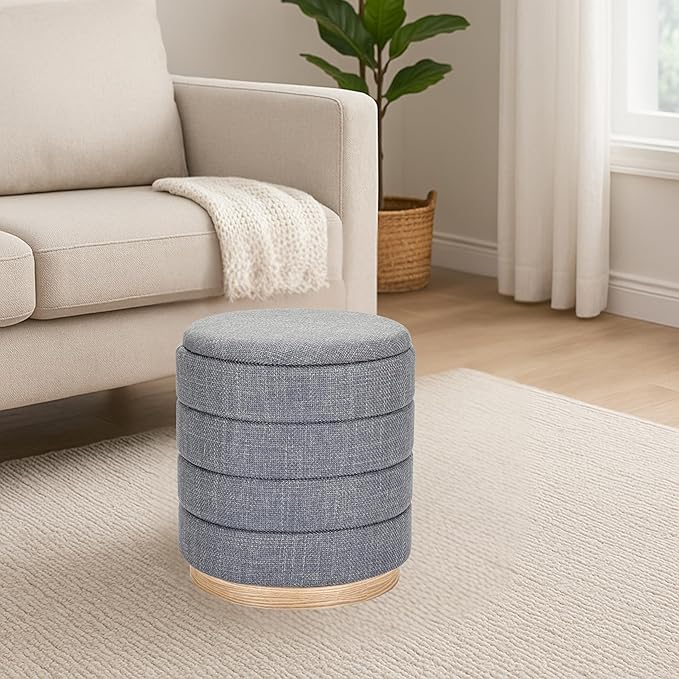 Round Ottoman with Storage โ Elegant Durable Linen Upholstered Footrest Bench for Living Room, Cylinder Vanity Stool โ Grey