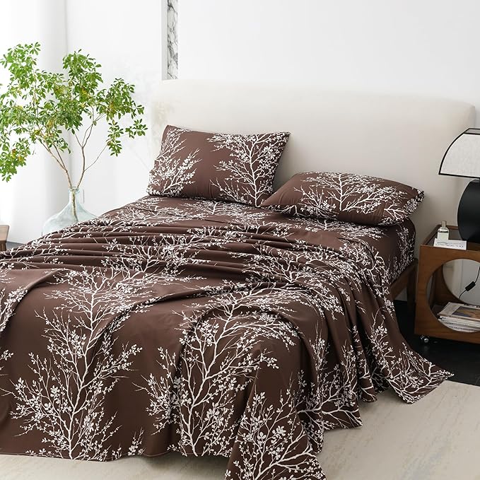 Spirit Linen home King Size Sheets Set - Pure Microfiber 4 Piece Polyester Bed Sheets, Fitted Sheet & Pillow Cases - King Sheets for All Seasons (Foliage Chocolate/White, King)
