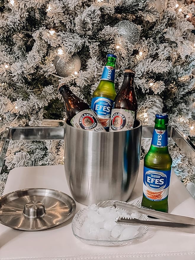 Tiken 3L Double-Wall Vacuum Insulated Ice Bucket with Lid & Tong Stainless Steel Champagne Buckets for Cocktail Bar, Parties & Outdoor