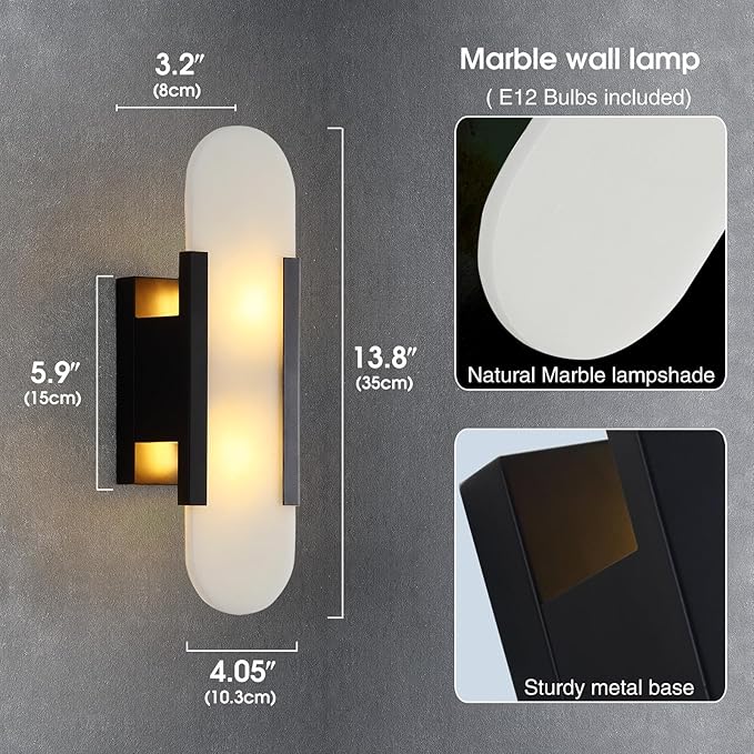 13.8in Alabaster Wall Sconces Set of Two, Natural Marble Wall Lighting,Alabaster Wall Lamp for Bedroom Stairs, Living Room, Vanity, Hallway Bedside(Bulb Included)