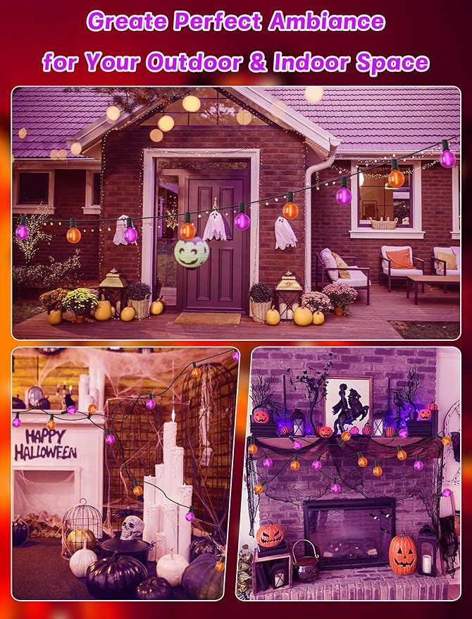 25ft Halloween String Lights Outdoor - G40 LED Orange and Purple String Lights with 27 Frosted Globe Bulbs(2 Spare), Vintage Halloween Decorations for Patio Balcony Porch Yard
