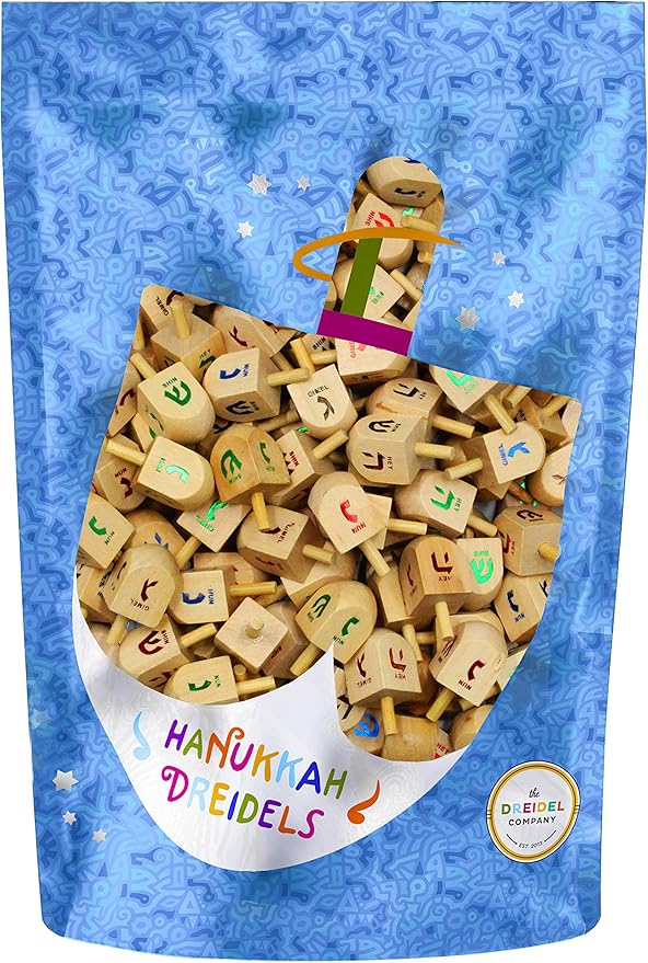 Natural Wood Dreidels Hanukkah Draydel with English Transliteration & Instruction Cards (100-Pack)