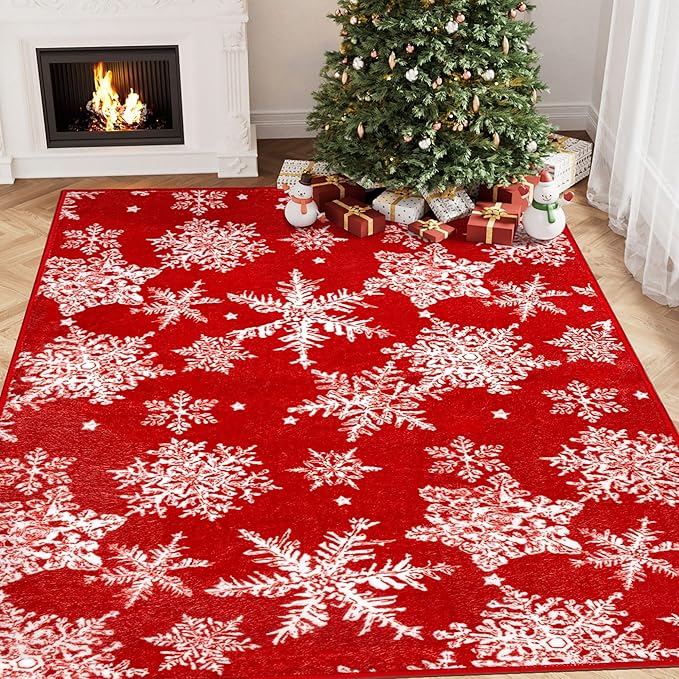 Red Area Rug 6x9 Christmas Living Room Carpet Snowflake Washable Bedroom Carpet Xmas Holiday Decor Non Slip Indoor Large Decorative Throw Rug for Dining Room Nursery