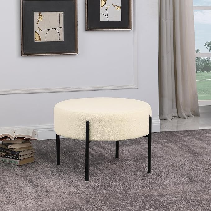 HomePop Modern Metal Sherpa Round Ottoman Home Décor Upholstered Round Foot Rest Ottoman - Cream