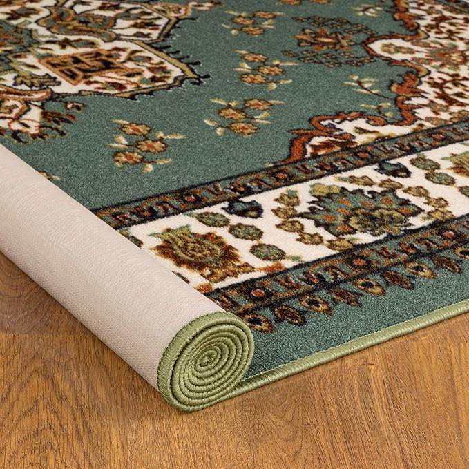 Antep Rugs Alfombras Oriental Traditional 4x6 Non-Skid (Non-Slip) Low Profile Pile Rubber Backing Indoor Area Rugs (Green, 4' x 5'8")