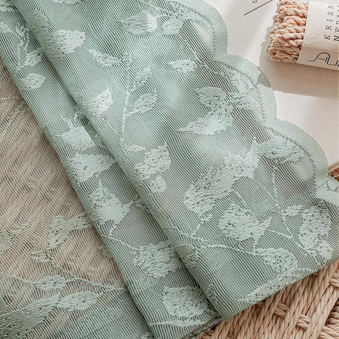 Sage Green Lace Sheer Curtains 63 Inch Length – Vintage Leaf Pattern for Living Room/Bedroom, Light Filtering Rod Pocket Drapes, Privacy Chic Window Treatments, 52W x 63L Inch, 2 Panels
