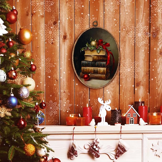 Hxlac Dark Academia Christmas Book Oval Wall Art Framed, Vintage Winter Christmas Oval Wall Decor, Cottagecore Bookish Hanging Canvas Prints Wall Sculptures for Home Reading Room Decor, 8.5x11.5 Inch