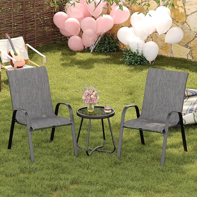 Amopatio 3 Piece Patio Set, Outdoor Stackable Dinging Chairs for All Weather, Breathable Garden Outdoor Furniture for Backyard Deck, Dark Grey