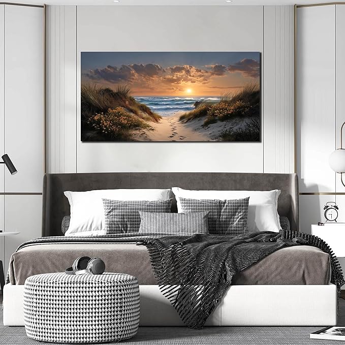 Sunset Canvas Wall Art Brown Wall Decor Seascape Art Print Landscape Wall Decorations Large Blue Picture 24" x 48" Coastal Artwork for Living Room Bedroom Office