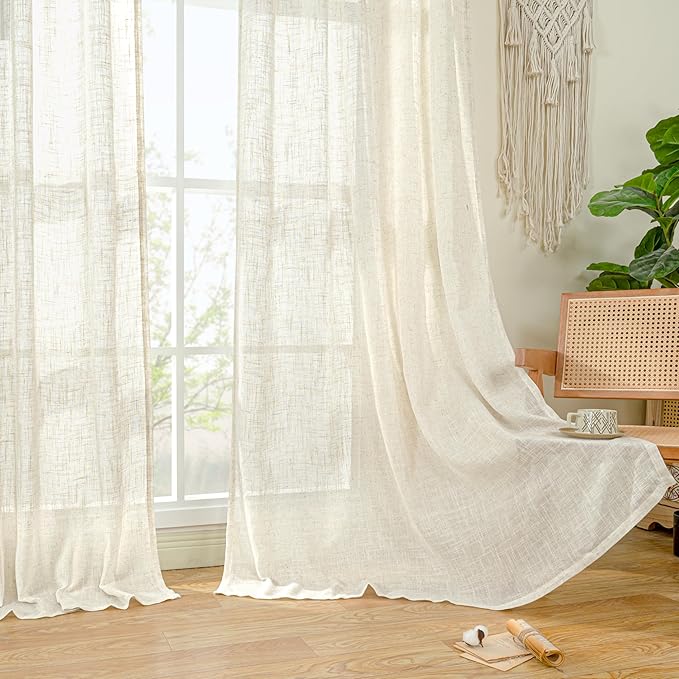 LAMIT Ivory 90 Inches Long Linen Sheer Curtains for Living Room, Back Tab and Rod Pocket Nautral Curtains Light Filtering Boho Panels for Bedroom/Dining Room, Set of 2, 52 x 90 Inch