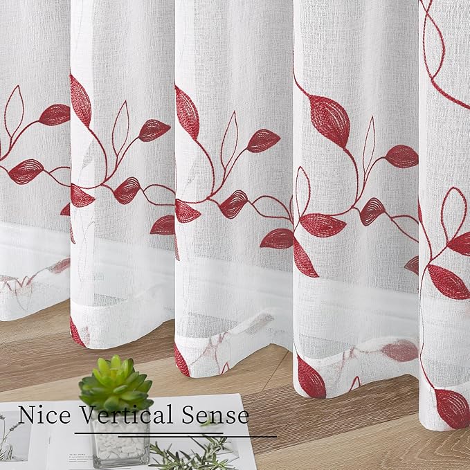 Tollpiz Burgundy Red Leaf Sheer Tier Curtains Leaves Embroidered Kitchen Short Curtain Rod Pocket Voile Bathroom Curtains for Cafe, 30 x 24 inches Long, Set of 2 Panels