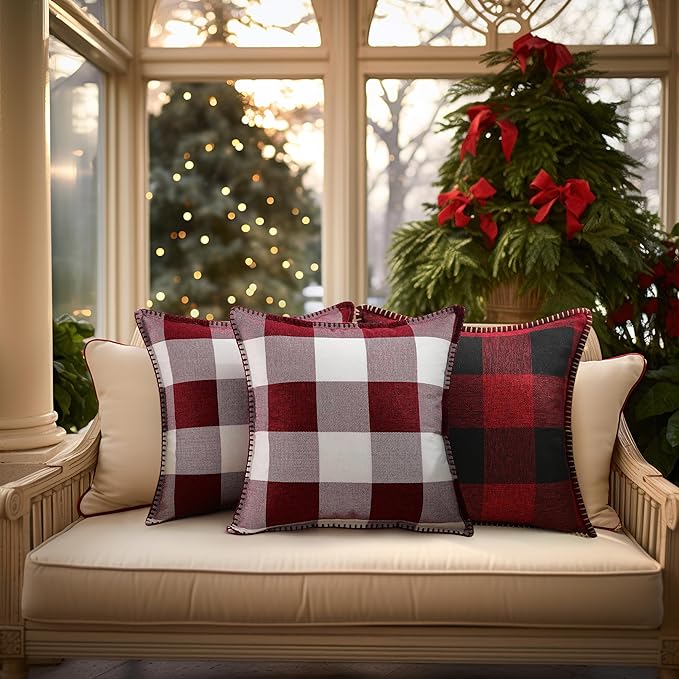 decorUhome Christmas Buffalo Plaid Check Throw Pillow Covers 12x20 Set of 2, Farmhouse Gingham Lumbar Linen Decorative Pillow Covers with Stitched Edge for Bed Couch Sofa, Red and Black