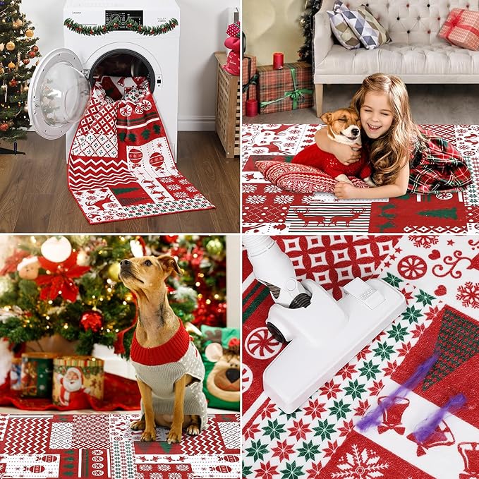 RUGSREAL Christmas Runner Rug 2x10 Feet Christmas Patchwork Hallway Area Rug Xmas Holiday Decorative Bedroom Throw Rug Runner Machine Washable Floor Carpet for Kitchen Laundry Living Bathroom