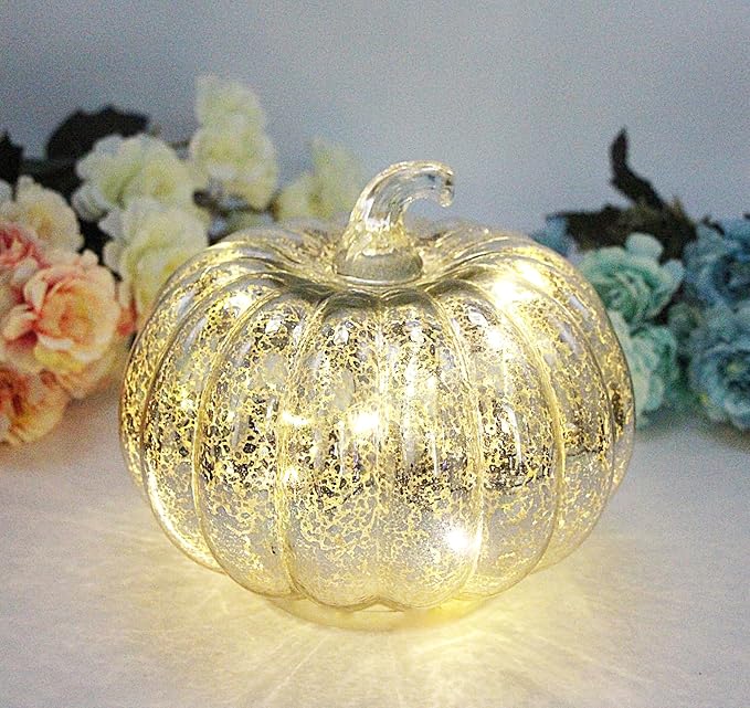 Mercury Glass Pumpkin Light with Timer, with 10 Fairy Lights Inside,Battery Operated Led Pumpkin Light,Ideal for Halloween Fall Decoration, Thanksgiving Rustic Decor, Xmas Decor (Silver)