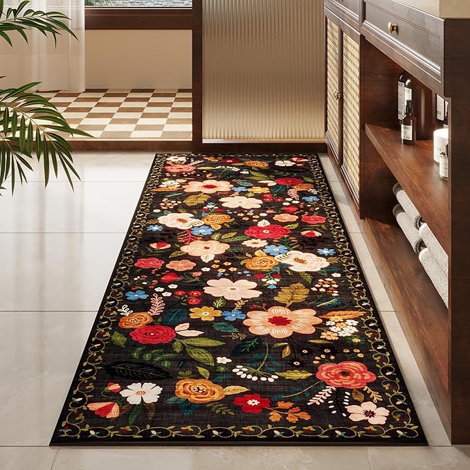 Rugcomf Runners for Hallways Kitchen Rug Non Slip 2'x 10' Long Washable Runner Rugs with Rubber Backing Soft Floral Carpet Runner for Hallways, Kitchen, Laundry, Bedroom, Bathroom(Black)