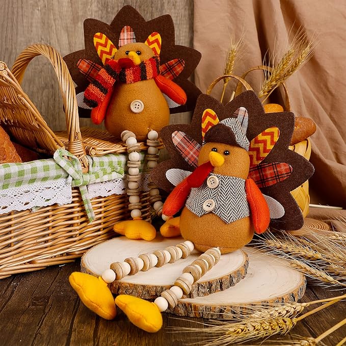 Biswing Thanksgiving Decoration Tabletop Standing Turkey Couple with Dangling Legs, 2 Pack Plush Stuffed Turkeys Shelf Sitters Figurine Gift for Autumn Fall Harvest Halloween Home Table Decorations